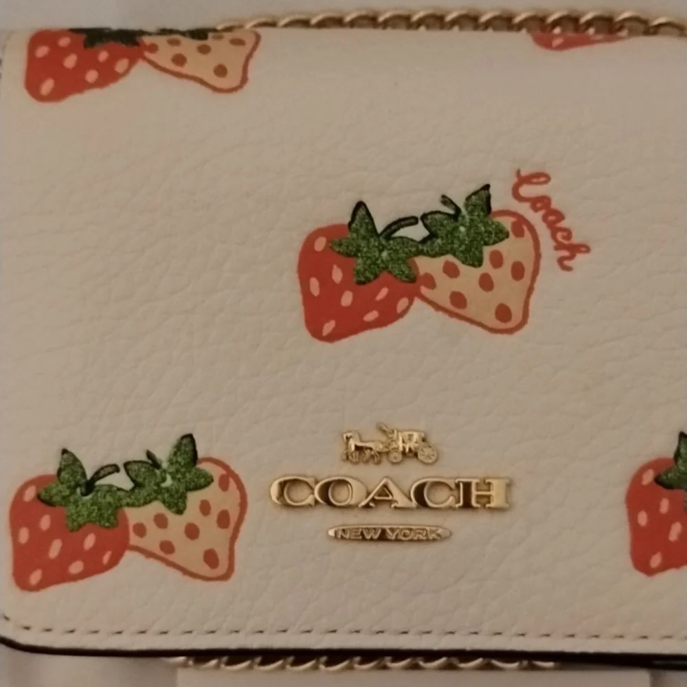 Coach Mini Wallet On A Chain Clutch Crossbody Strawberries NWT - Picture 2 of 10